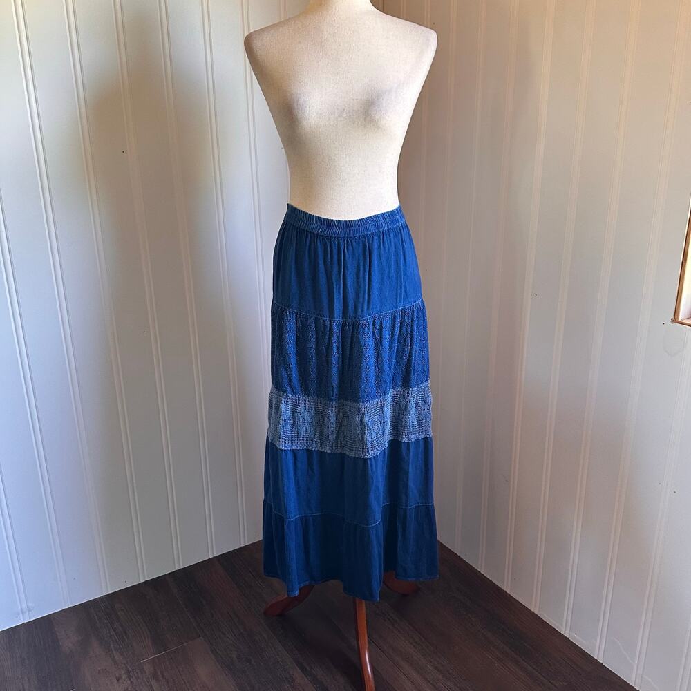 Vintage 90s/Y2K Boho Blue Tiered Maxi Skirt L